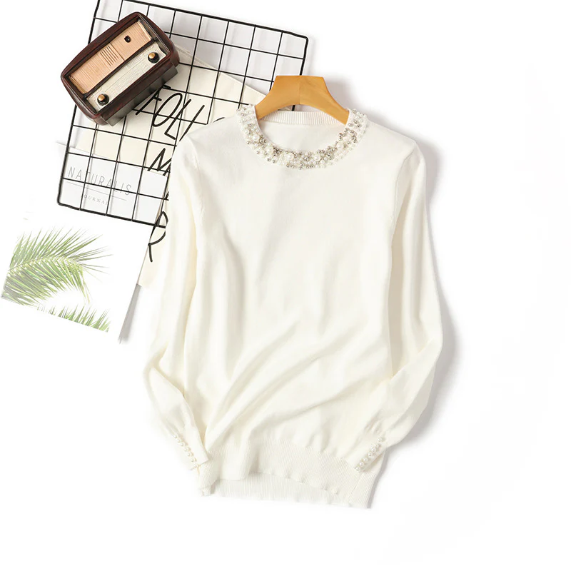 DEANWANGKT Korean version of the new autumn and winter beaded pullover sweater women's round neck long-sleeved knitted sweater loose and thin temperament bottoming shirt women - Deanwangkt