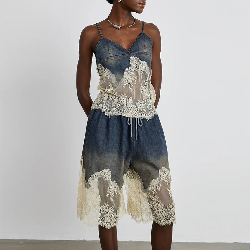 2025 Women's Spring Lace Two-piece Simple Wind Top + Casual Denim Five-point Pants Fashion Thin Women's Clothing Set - Deanwangkt