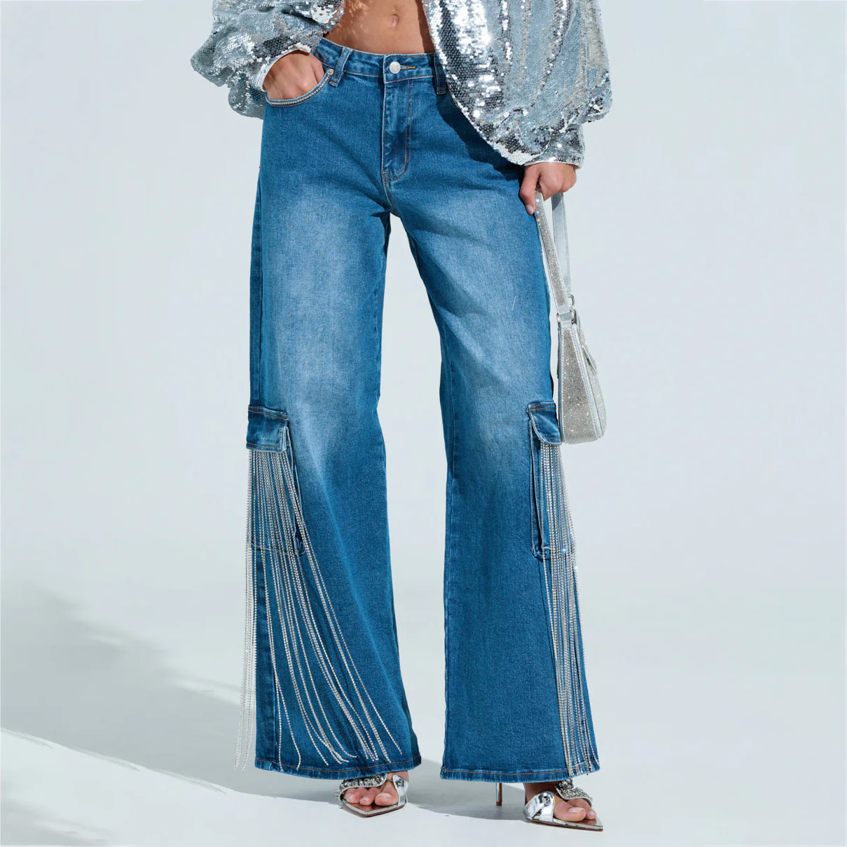 Spring new rhinestone tassel decoration Spice Girl denim straight pants women's low waist fashion  New women's clothing customization - Deanwangkt