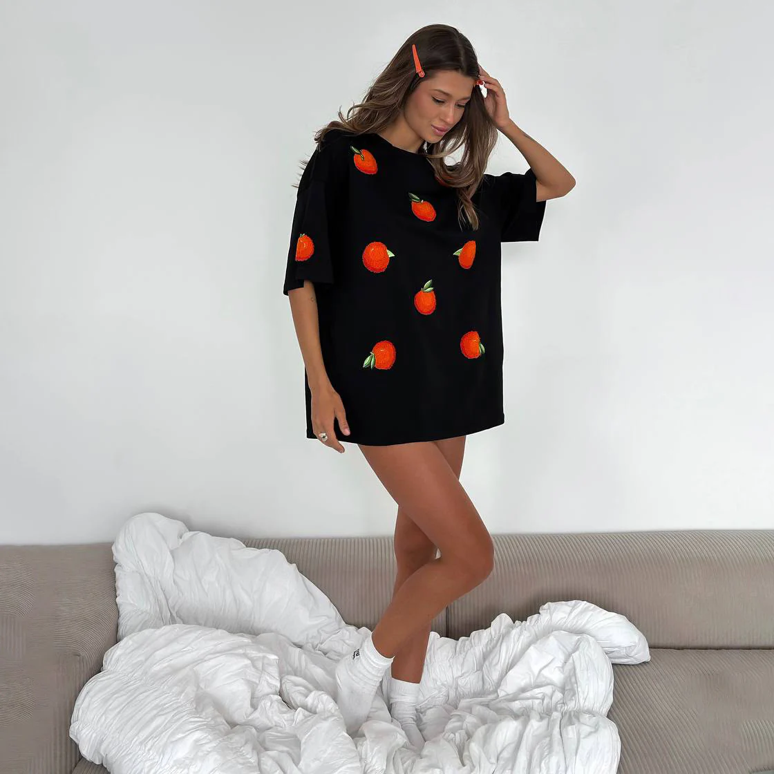 personality INS style round neck fruit embroidery design sense T-shirt women's short sleeve loose fashion casual pullover top - Deanwangkt
