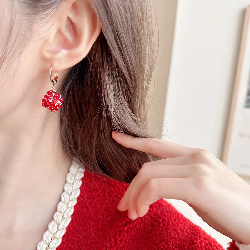 2025 popular New Year's celebration, red earrings, tide elegance, high-end design, zircon cube ball earrings - Deanwangkt