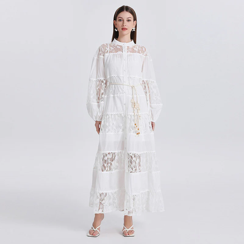 New women's clothing stand-up collar lantern sleeve dress waist lace hollow lace A-shaped long dress tide - Deanwangkt