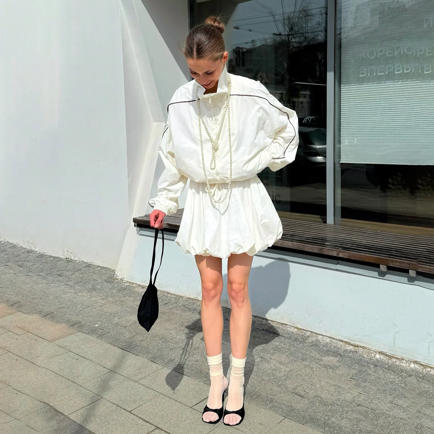 n quick-drying sports suit turtleneck long-sleeved contrasting coat drawstring bud short skirt two-piece set female tide brand high street - Deanwangkt