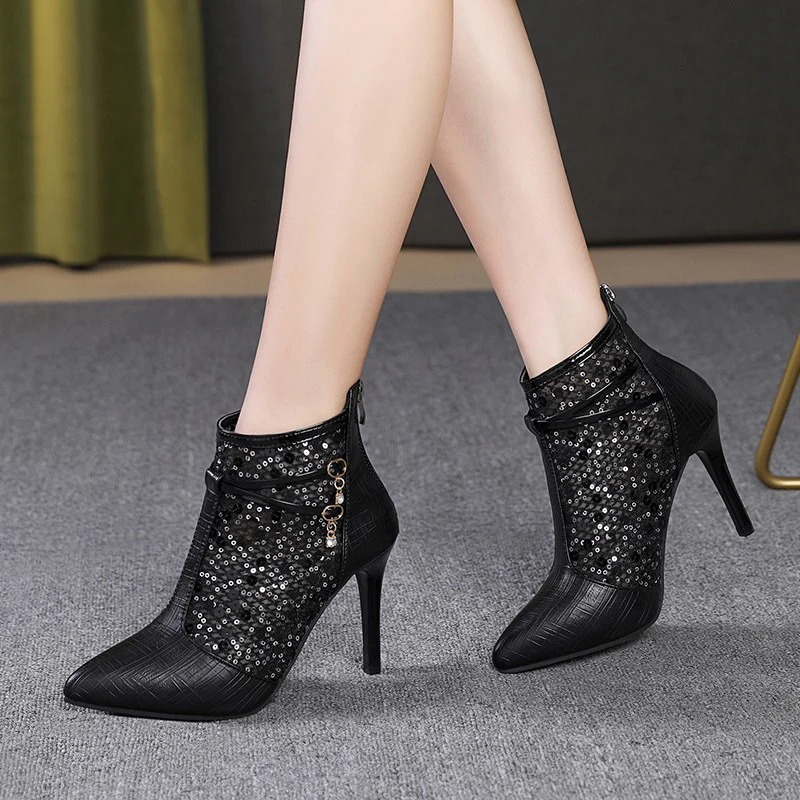 Pointed Toe Hollow Mesh Boots  Spring and Summer New HOTan and NEWn plus Size High Heel Stiletto Heel Women Classy Stilettos Mesh Breathable - Deanwangkt
