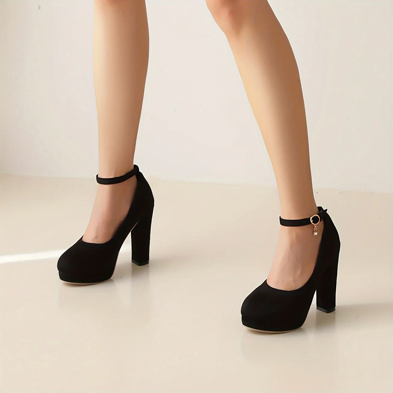 deanwangkt  Women's Platform Dress Pumps, Elegant Black Ankle Strap Block High Heels, All-Match Evening Shoes - Deanwangkt