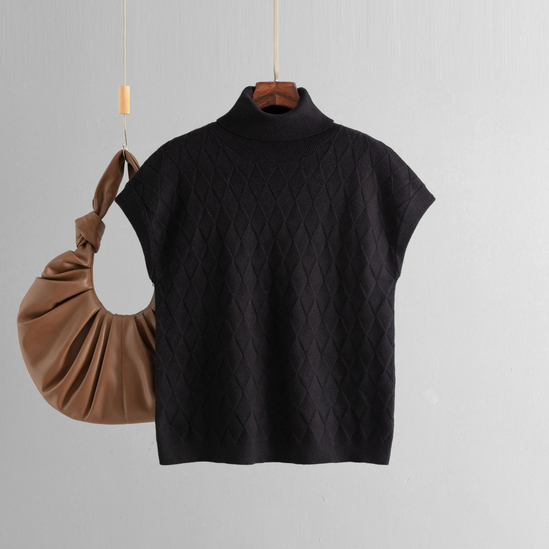 DEANWANGKT New autumn new turtleneck sleeveless knitted plaid sweater women's loose casual fashion thin top bottoming shirt - Deanwangkt