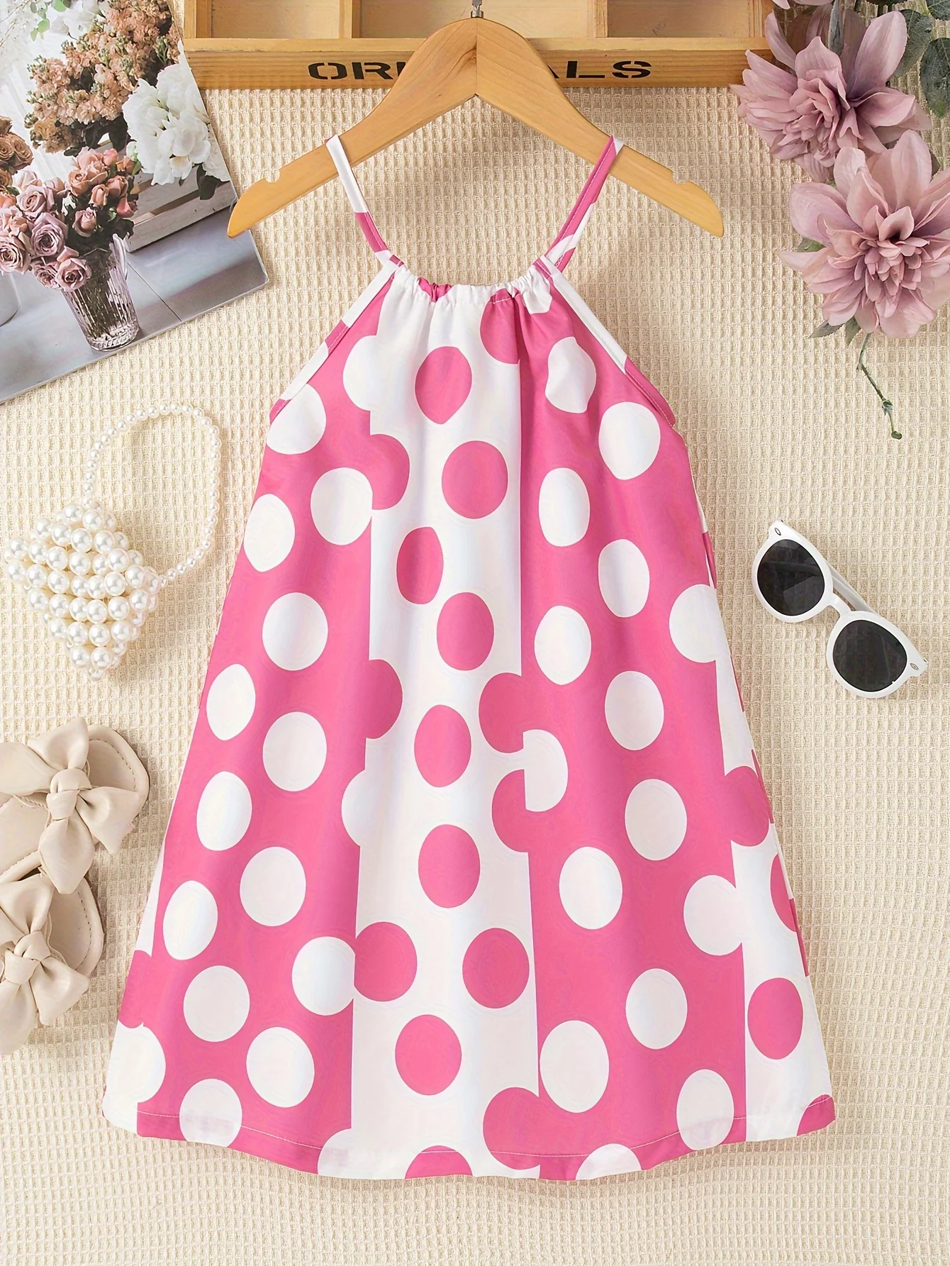 Girls Charming Polka Dot Summer Dress - Chic Thin Straps, Sleeveless, Vibrant Print, Regular Fit, Knee-Length - Ideal for Stylish Casual Outings - Deanwangkt