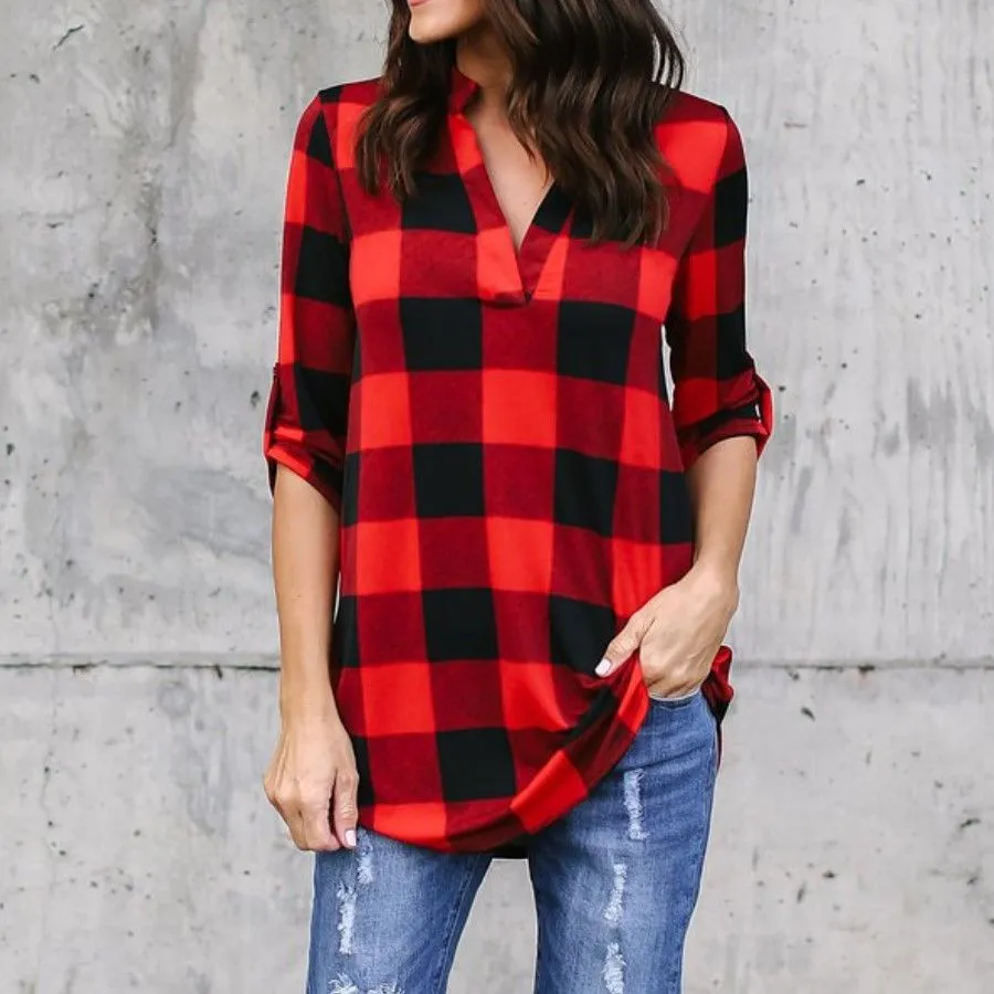 Blouses Women Plaid Shirt V-neck Shirt Women Black and Red Ladie Top Chemise Cotton Plaid Women Tops Casual Blouse Shirt - Deanwangkt
