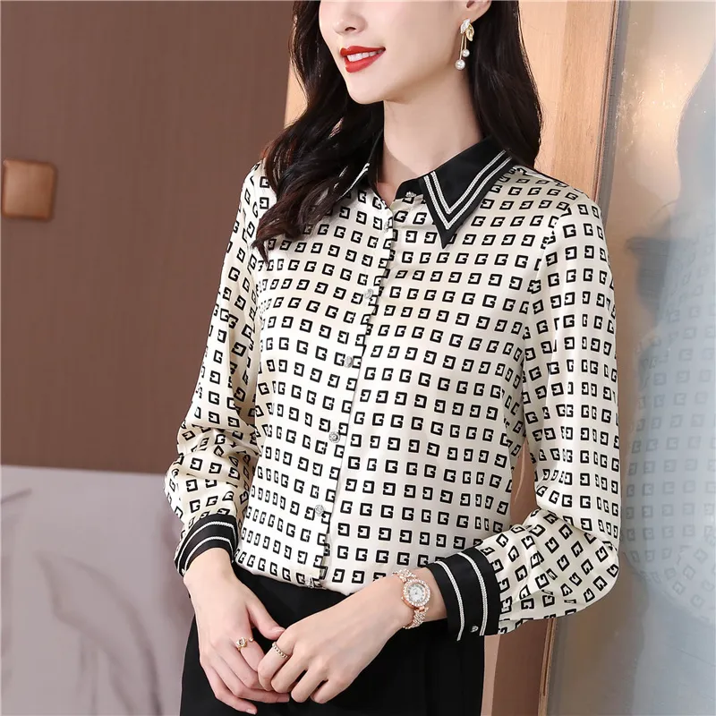 Printed Women Designer Lapel Shirts Silk Black Long Sleeve Elegant Fit Shirt Office Ladies Button Front Casual Satin Blouses Spring Fall Chic Slim Runway Tops - Deanwangkt