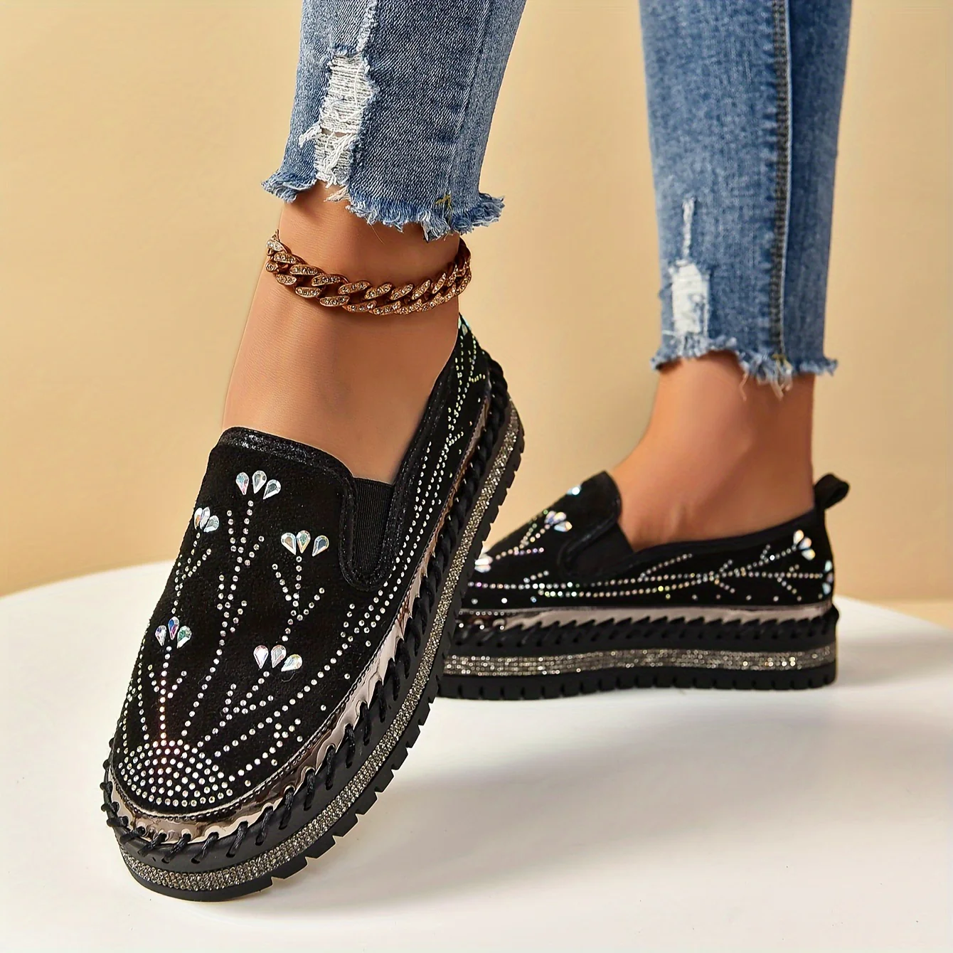 Womens Luxurious Rhinestone Decor Flatform Loafers - Elegant Round Toe, Easy Slip On, Ultra-Soft, Versatile Shoes for Outdoor Activities - Stylish Comfort for Various Occasions - Deanwangkt