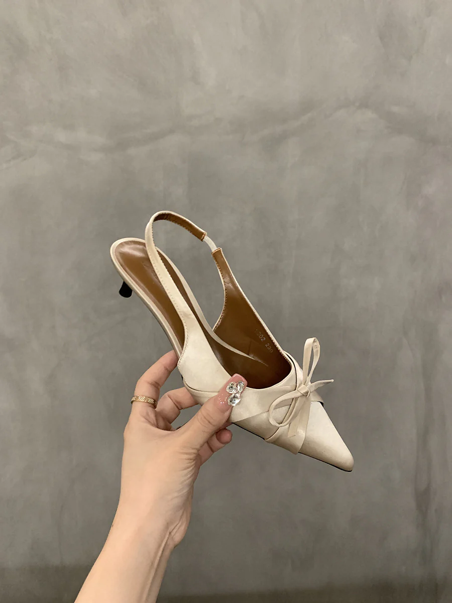 2025  pointed bow high heels women's thin heels popular new summer temperament socialite bag head sandals shoes - Deanwangkt