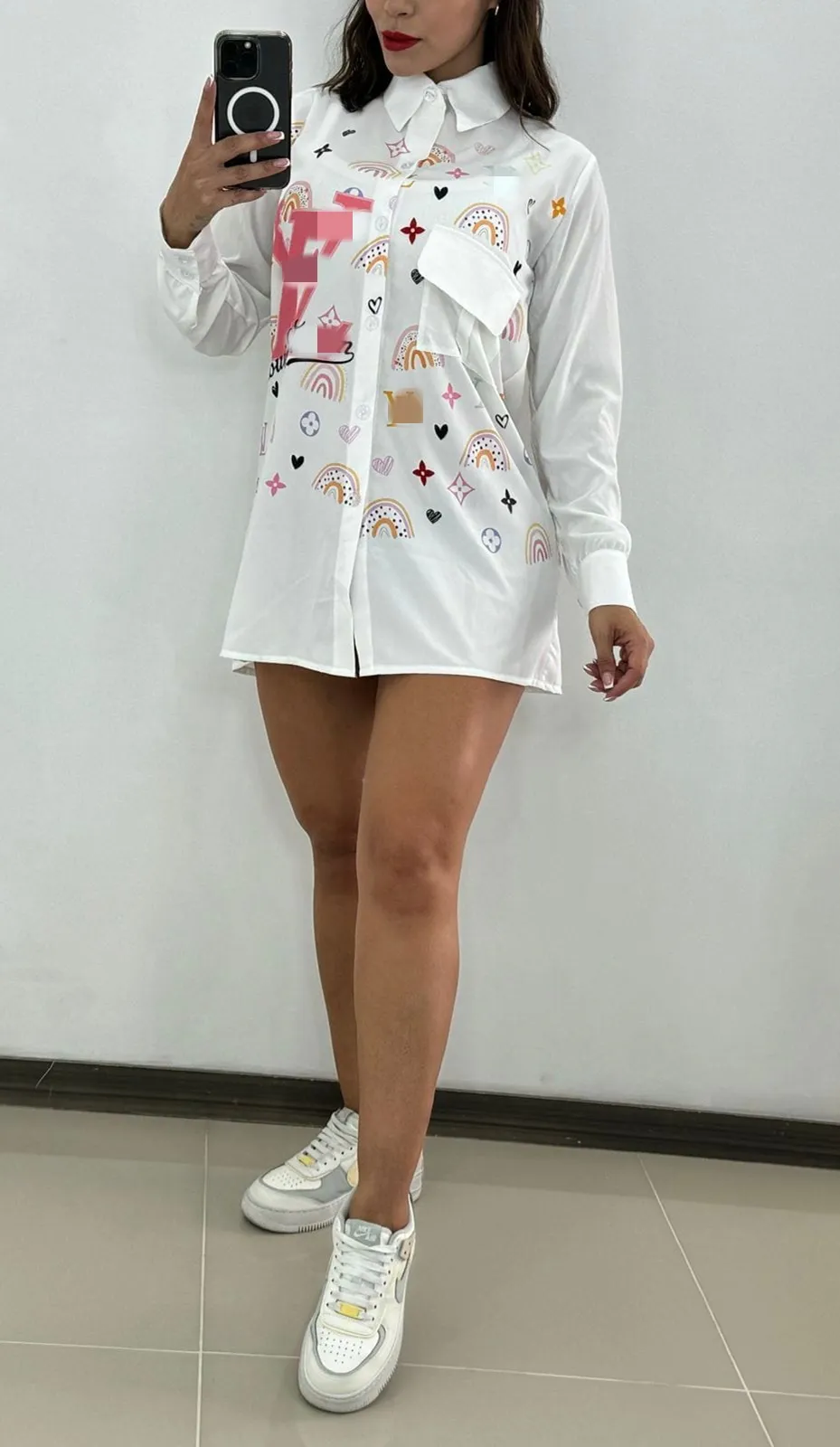 Women Blouses Shirts Designer Print White Shirt Tops Casual Long Sleeved Shirt Free Ship - Deanwangkt