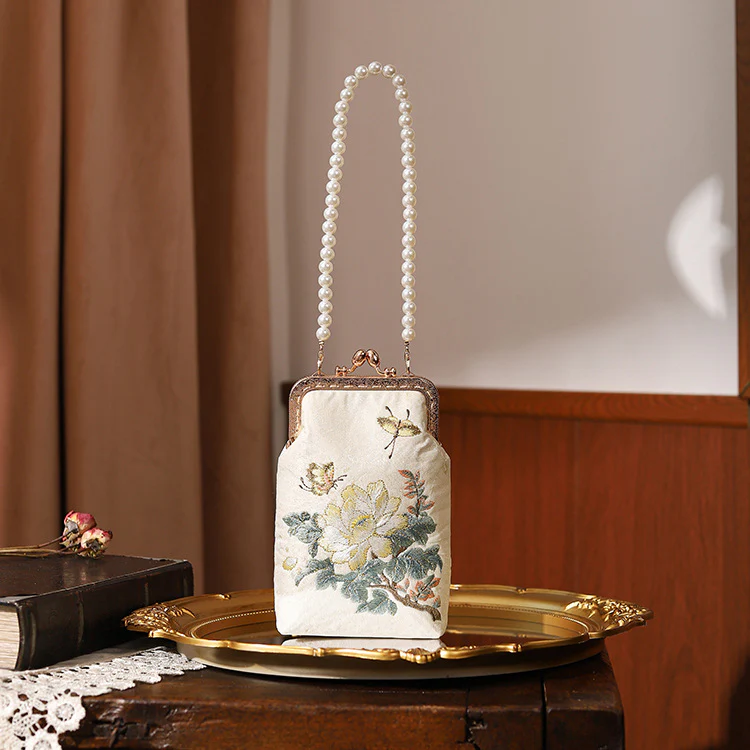 Pearl Embroidered Bamboo Handbag Ancient Style Cheongsam Banquet Clutch Chain Bag Metal Lock Catch Beaded Bag - Deanwangkt