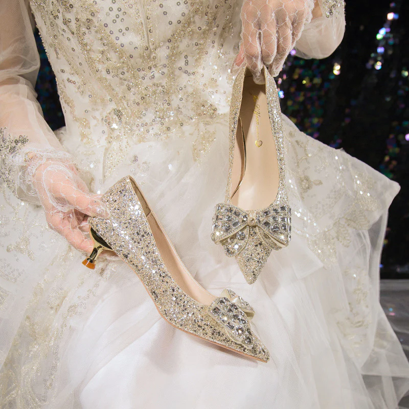 DEANWANGK  New Rhinestone Bow Jewelry Wedding Shoes Bridal Shoes Wedding Dress Temperamental Minority Stiletto Heel High Heels Wholesale - Deanwangkt