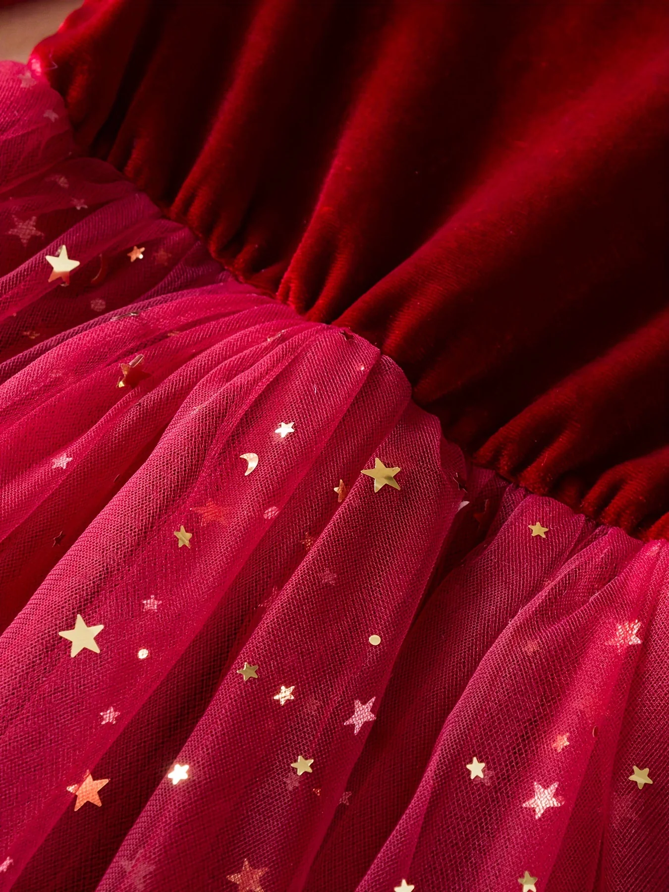 Girls' Elegant Long Sleeve Princess Dress, Cotton Blend with Mesh Contrast, Velvet Top, Perfect for Party, Holiday, Christmas - Spring/Fall Wear for Children Under 12 - Deanwangkt