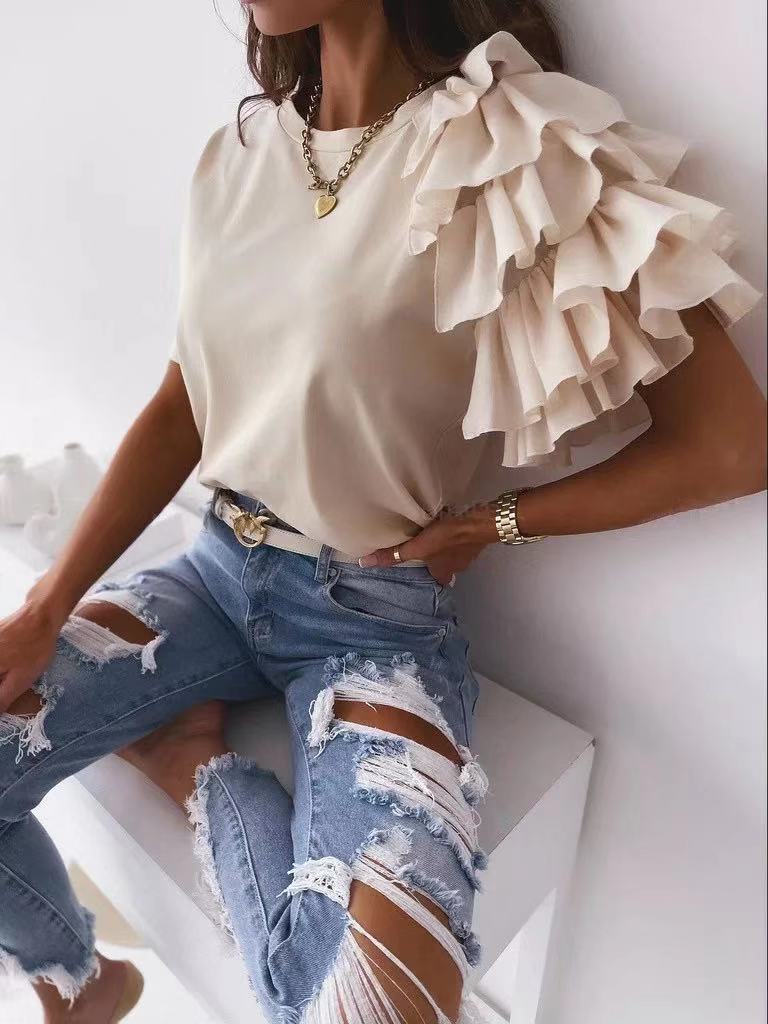 DEANWAQNGKT   Summer Independent Station   Cross Border New Simple Fashion Ruffled Short Sleeves All-Match round Neck T-shirt - Deanwangkt
