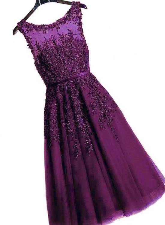 Solvbao Beautiful Purple Tea Length Lace Applique Party Dress, Tulle with Lace Prom Dress - Deanwangkt