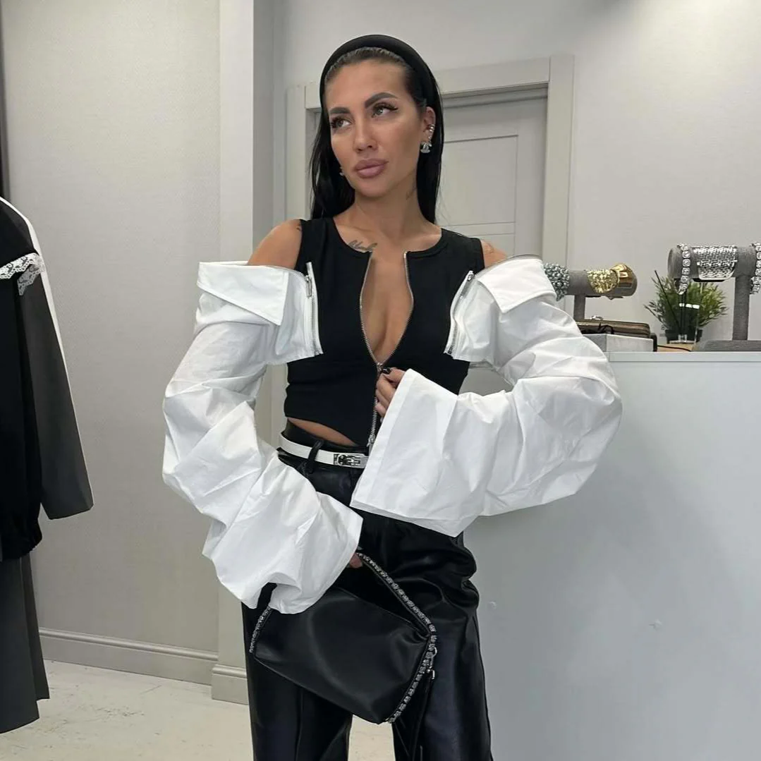 niche tops women's summer high-end black and white splicing off-the-shoulder short tops with large turned sleeves design personalized cardigan - Deanwangkt