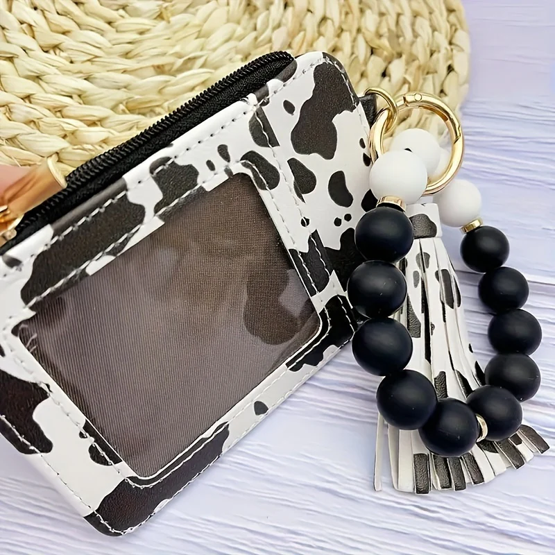 Single Retro Round Silicone Beaded Wristlet Keychain with PU Leather Wallet Card Holder, Ring Buckle, Tassel, and Phone Lanyard - Perfect Couple Keychain for Valentines Day Gift - Plant Theme, Tool, and Bag Charm Included - Deanwangkt