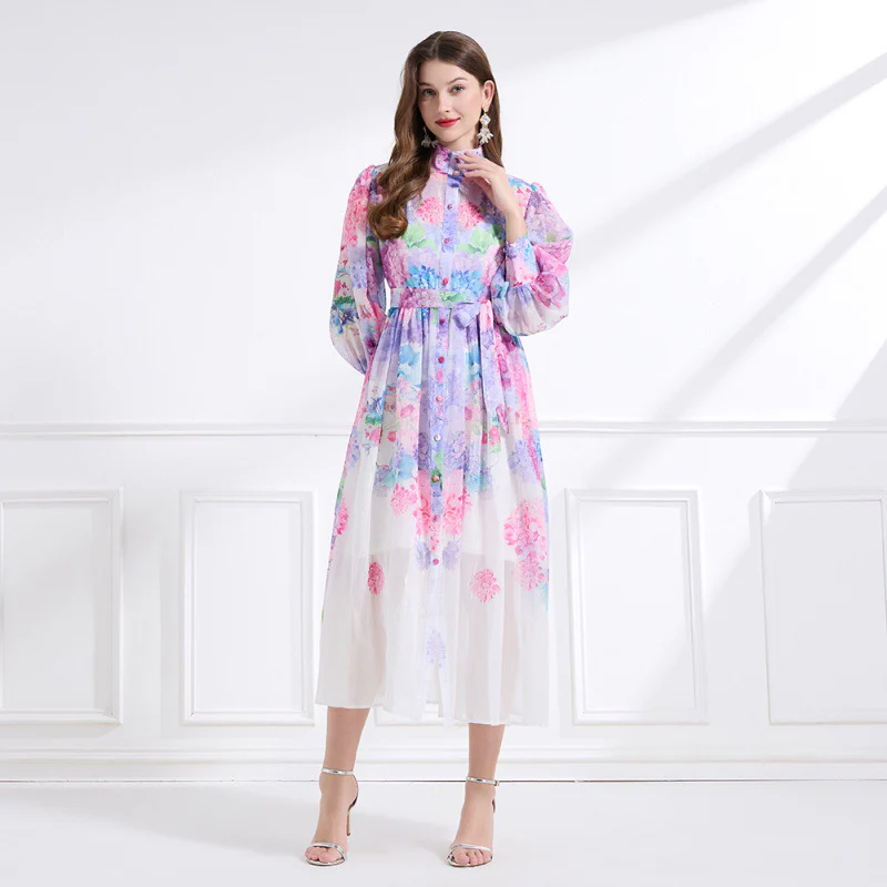 Two-piece set of  printed dresses, women's stand-up collar, long sleeves, waist straps, long dresses, niche  chiffon fairy dresses - Deanwangkt