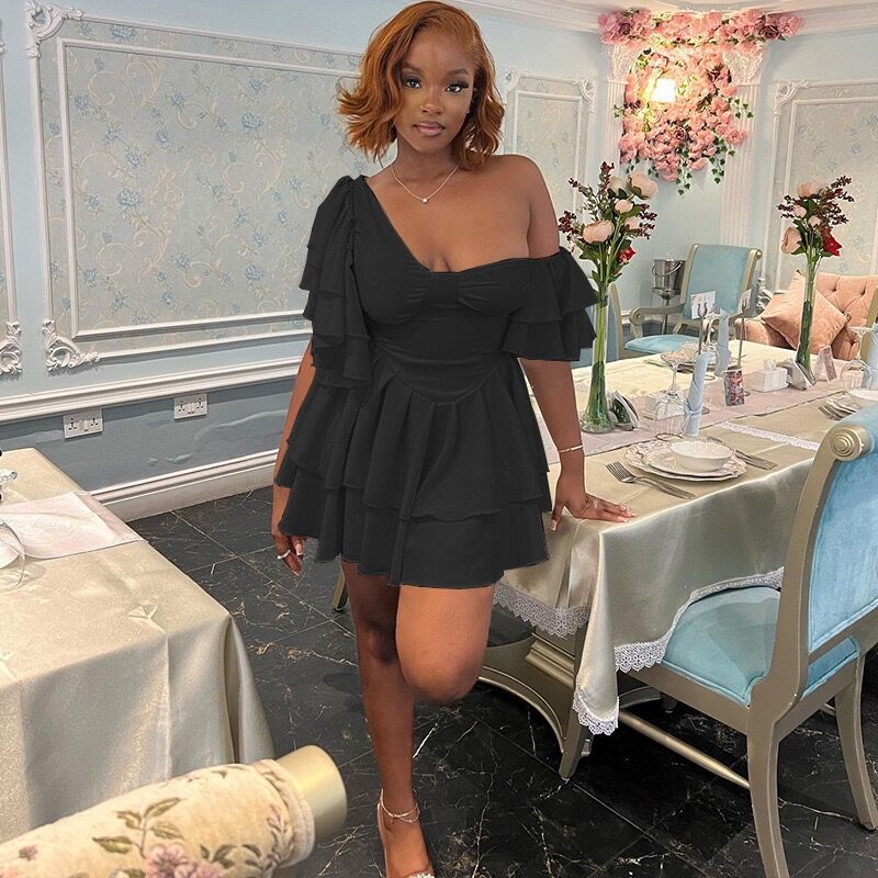 2025 DEANWANGKT   New  slash shoulder tube top pleated lotus leaf sleeve dress women's irregular design skirt - Deanwangkt