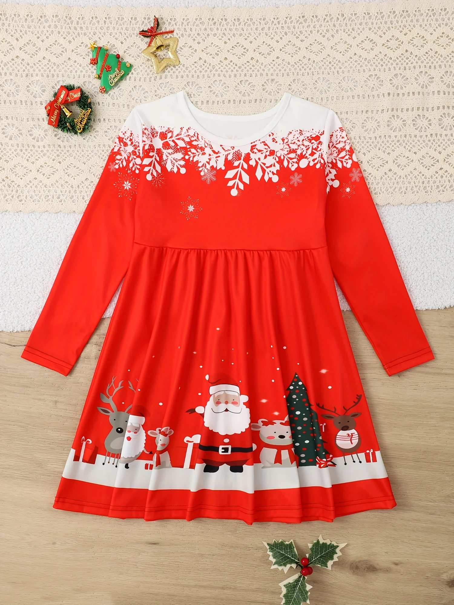 For Spring Fall Christmas Gift, Long Sleeve Girls Sweet Santa & Christmas Tree Graphic Dress - Deanwangkt