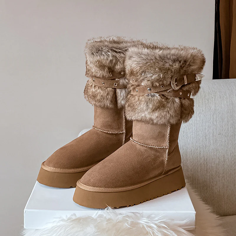 2025  Northeast snow boots women's winter velvet thickened popular new thick-soled medium tube cotton shoes fashionable versatile fluffy boots - Deanwangkt