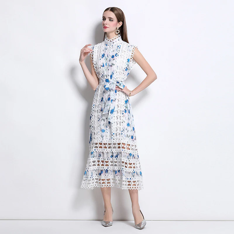 temperament high sense stand collar hollow embroidered lace splicing sleeveless waist thin elegant dress - Deanwangkt