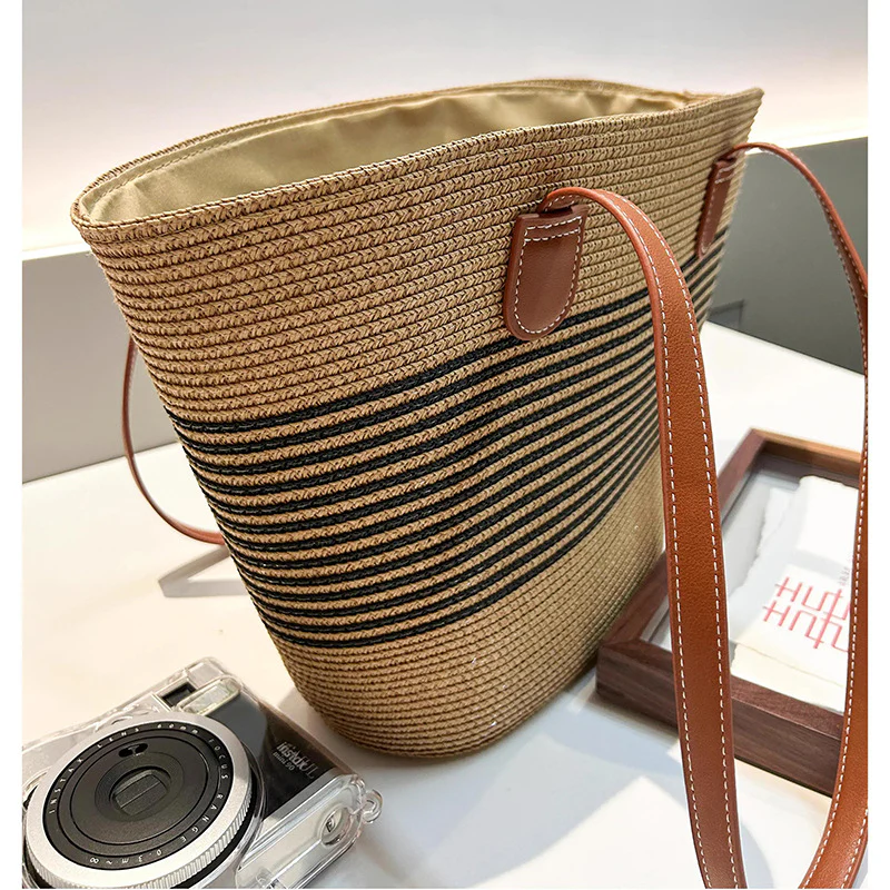 Summer Striped One-Shoulder Commuter Straw Woven Bag New Large Capacity Casual Fashion Women's Seaside Beach Tote Bag - Deanwangkt