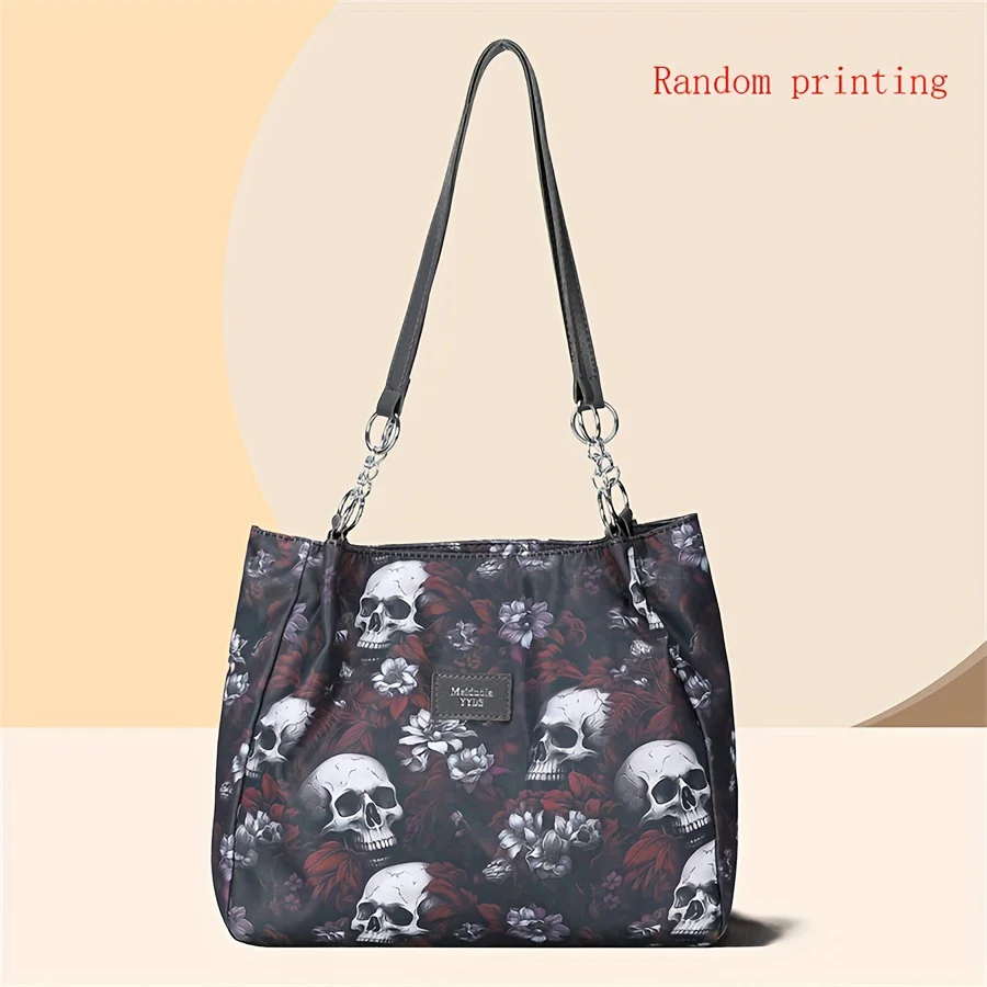 Large Capacity Punk Floral Skull Print Tote Bag - Stylish Single-Strap Shoulder Bag with Fixed Straps, Zipper Closure, Polyester Lining - Versatile Handbag for Daily Commute, Work, and Travel - Deanwangkt