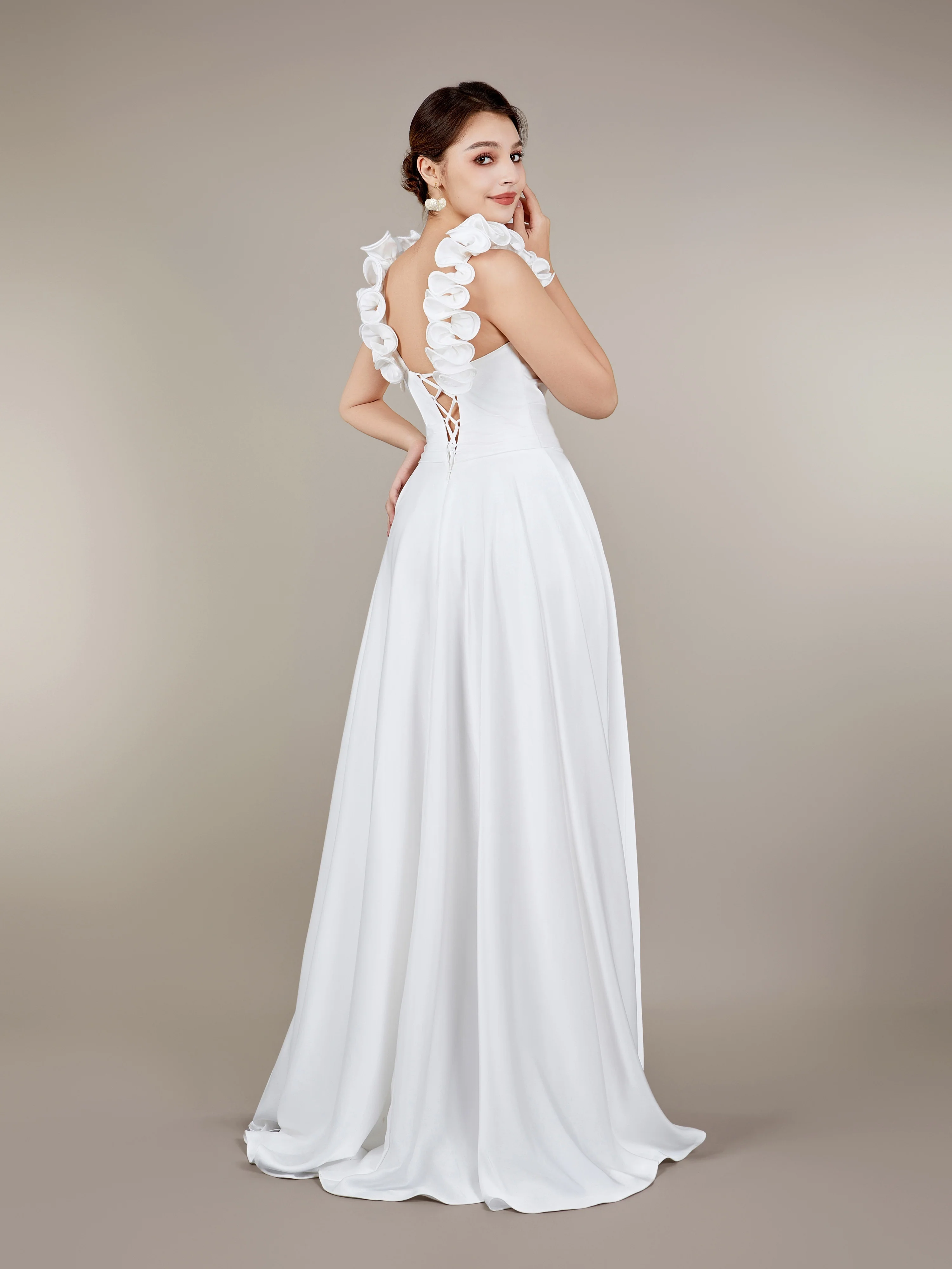 Vibrant Floral Cami Wedding Dress - Daring Split Thigh, Crisscross Backless, Flattering V-neck, Sweep Train - Exquisite Womens Formal Wear for Elegant Wedding Occasions - Deanwangkt