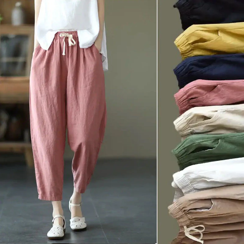 Elastic waist loose versatile casual pants  summer new literary retro solid color thin lace-up Harlan pants - Deanwangkt