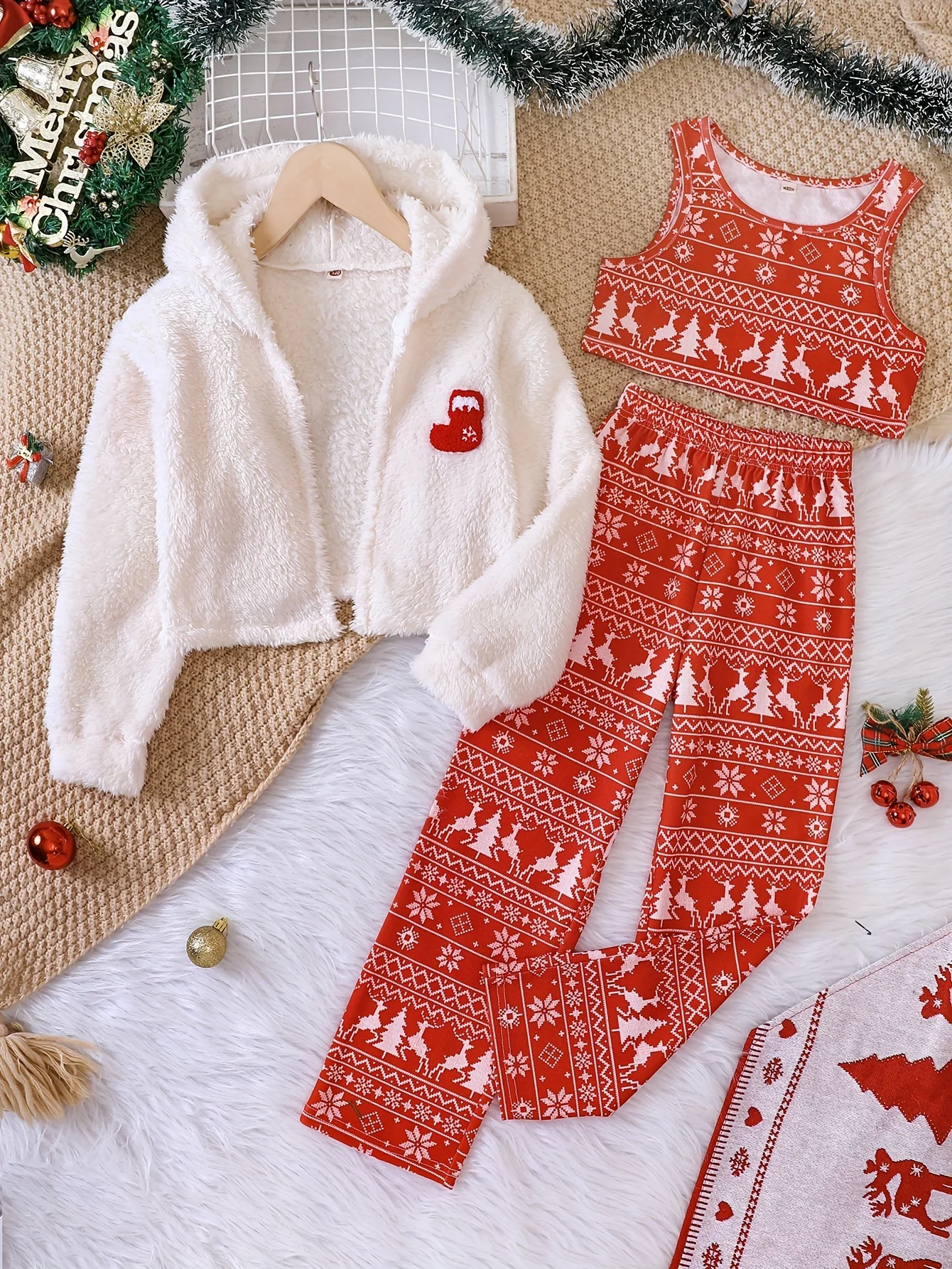 3pcs Set Plush Hooded Jacket + Tank Top + Pants Trendy & Warm Christmas Sets for Girls Kids Gift, Outdoor Casual Activities - Deanwangkt