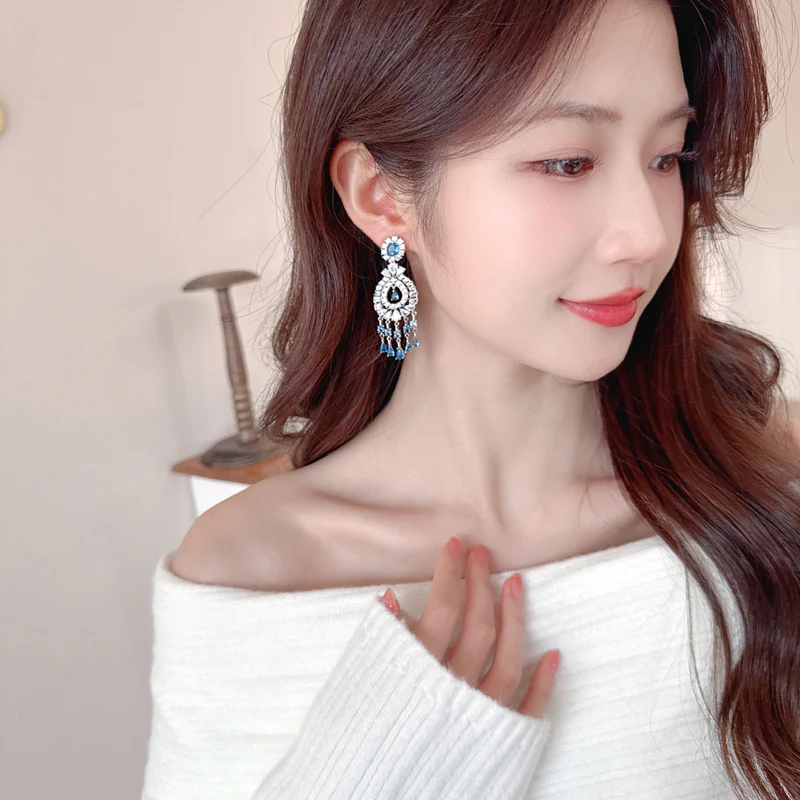 2025 Luxury light luxury geometric water drop inlaid zircon earrings s925 silver needle temperament elegant heavy industry dinner dress earrings - Deanwangkt