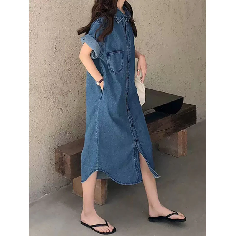 summer new Korean version loose large size denim shirt skirt medium and long tall and thin dress, women - Deanwangkt