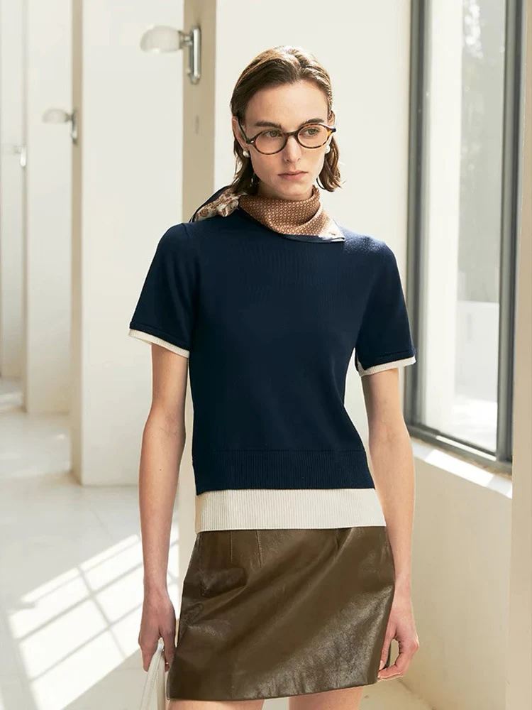 Siyuan M1U wind silk wool contrasting color fake two pieces thin knitted short-sleeved T-shirt women's thin stacking artifact 9068 - Deanwangkt