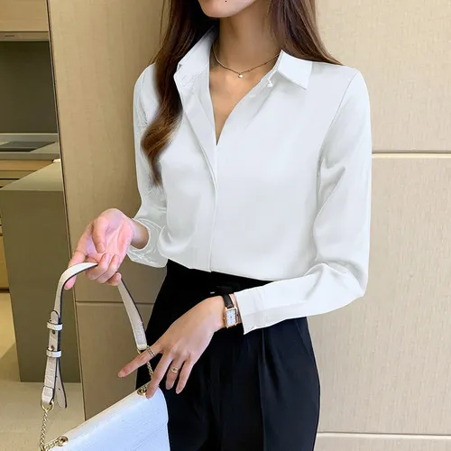 Women's Blouses Shirts Silk Women's Shirt Long Sleeve Fashion Woman Blouses Satin Top Female Shirts and Blouse Basic Ladies Tops OL Women Clothing 230503 - Deanwangkt