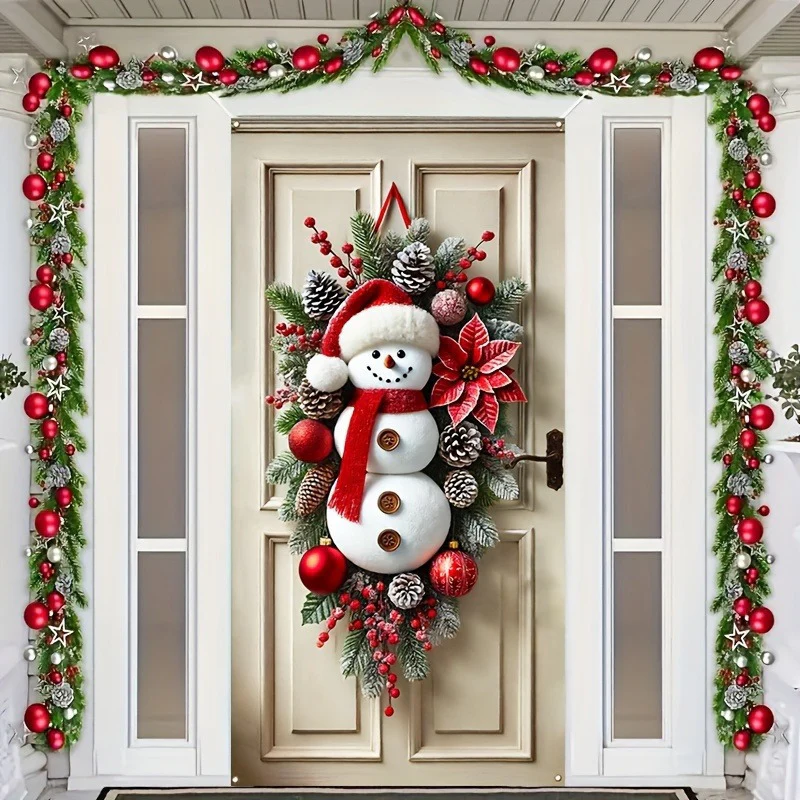 1pc Festive Christmas Wreath, 3D Snowman Door Hanging, Fabric Wall Decor, No Feather, Battery-Free, Outdoor Holiday Decoration for Home & Garden, 2025 New Year Front Door Decoration, Gift for Family & Friends - Deanwangkt
