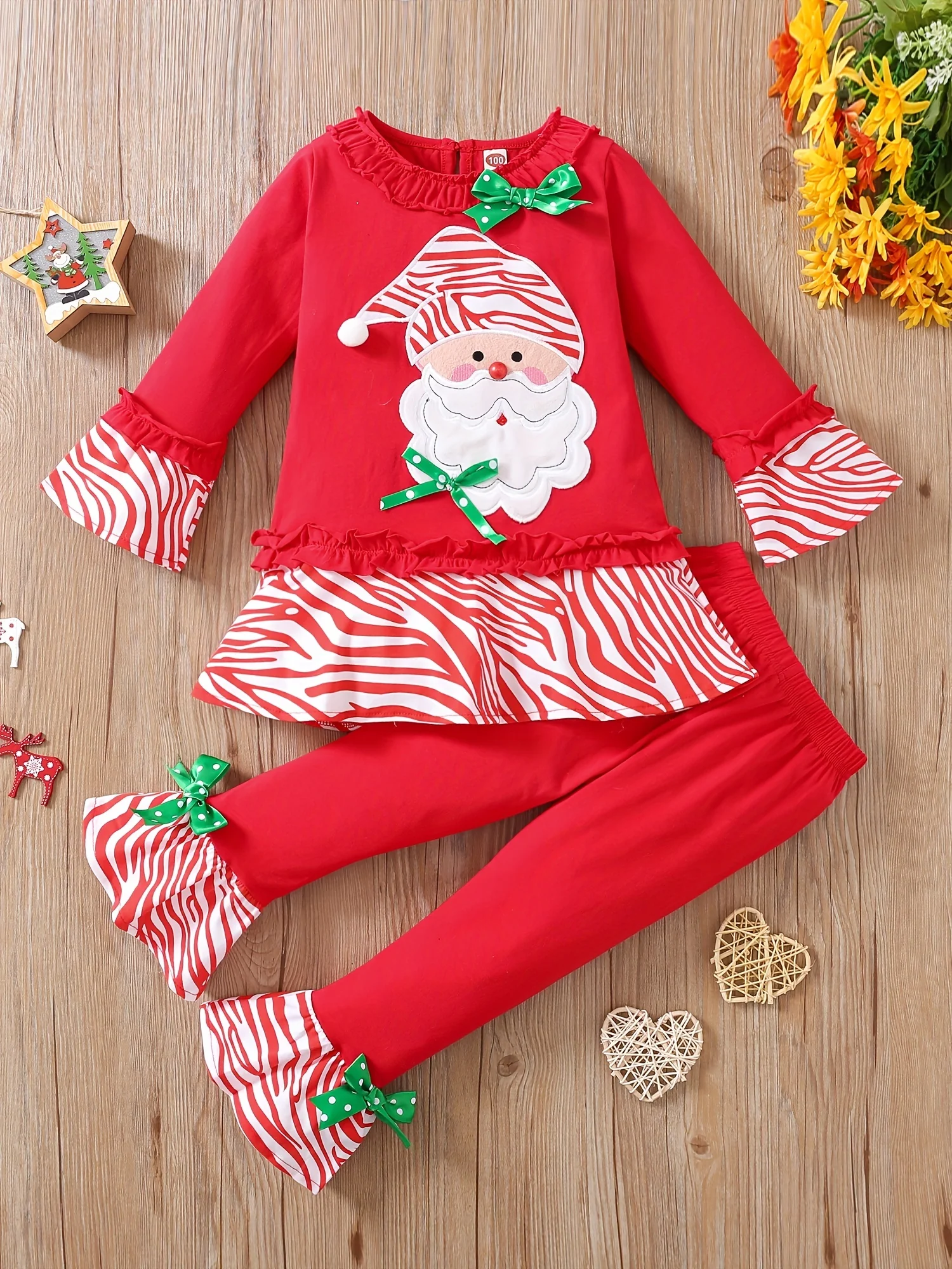 2pcs Toddler Girl's Santa Clause Patched Peplum Top & Flared Pants Set, Christmas Outfit for Spring Fall Festival - Deanwangkt