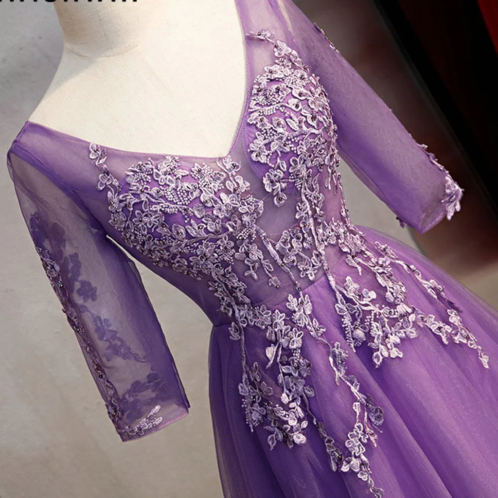 Solvbao Purple  V Neck Tulle Long Party Dress with Sleeves, Prom Dress - Deanwangkt