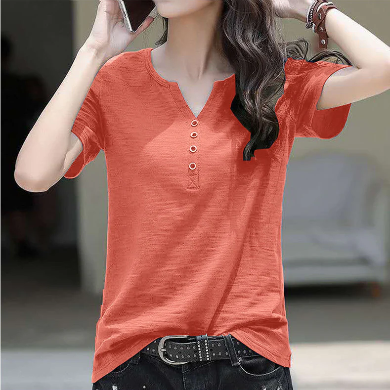 DEANWANGKT  100% Slub Cotton Summer New Pure Cotton Short Sleeve T-shirt Loose-Fitting plus Size V-neck Women's Half Sleeve T-shirt Jacket Undershirt - Deanwangkt