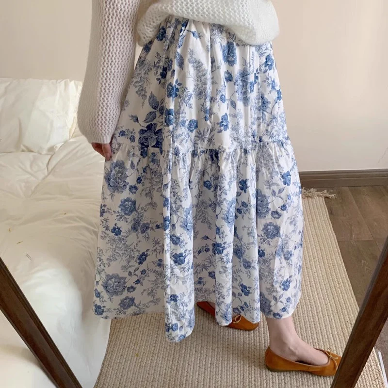 summer new  retro gentle wind floral skirt high waist drape big skirt medium and long skirt - Deanwangkt