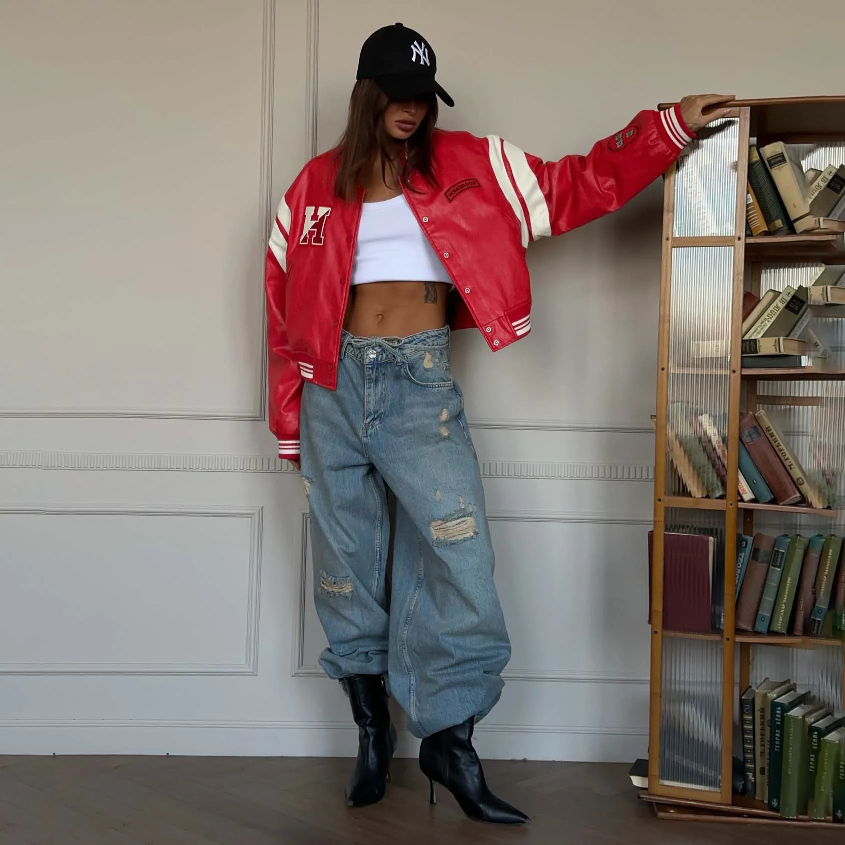 Premium locomotive style letter printing PU leather jacket short jacket women's  spring street trend contrasting coat - Deanwangkt