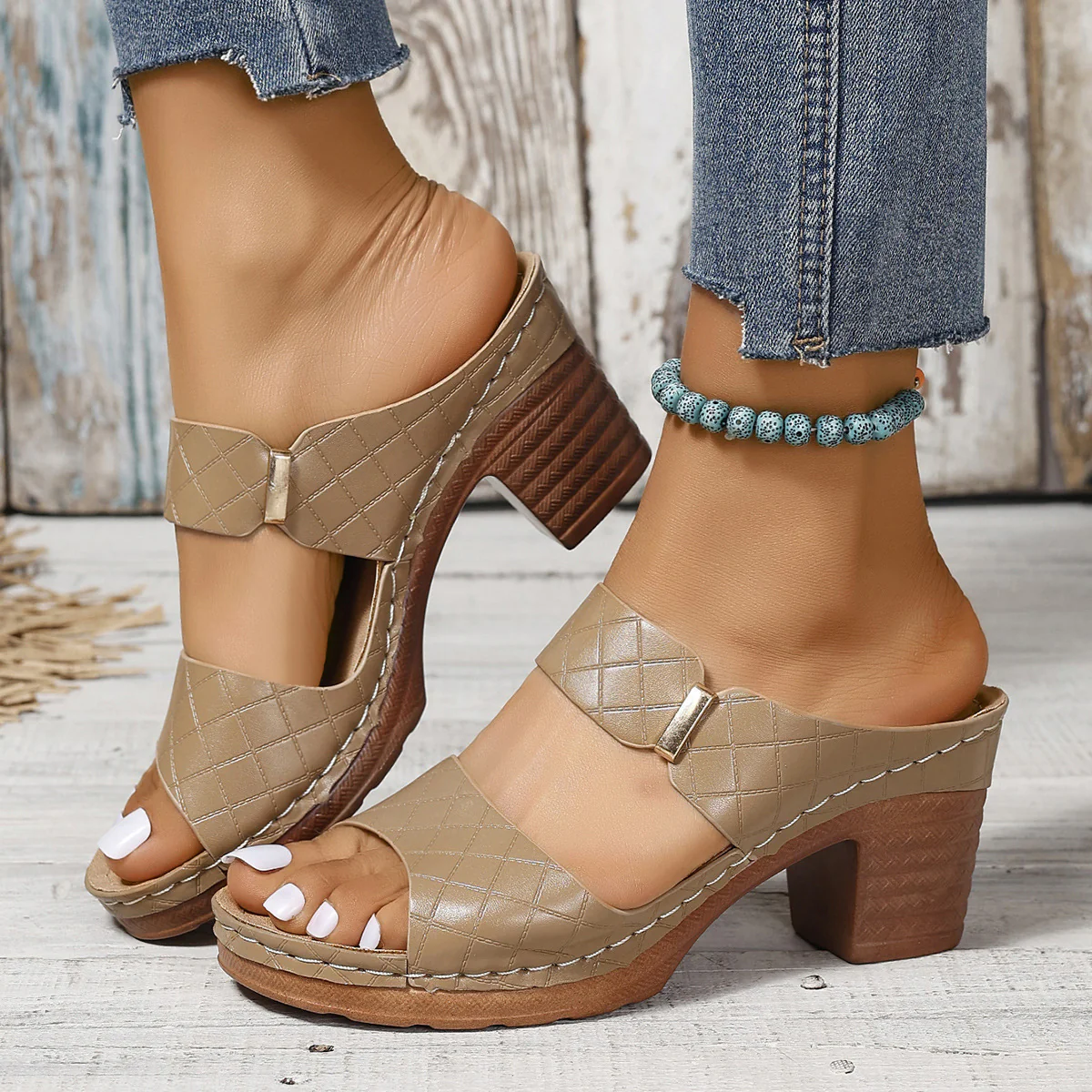 DEANWANGKT  European and American High Heel Ladies' Sandals Outer Wear New Cross-Border Thick Bottom Chunky Heel Sandals High Heels Women's Shoes - Deanwangkt