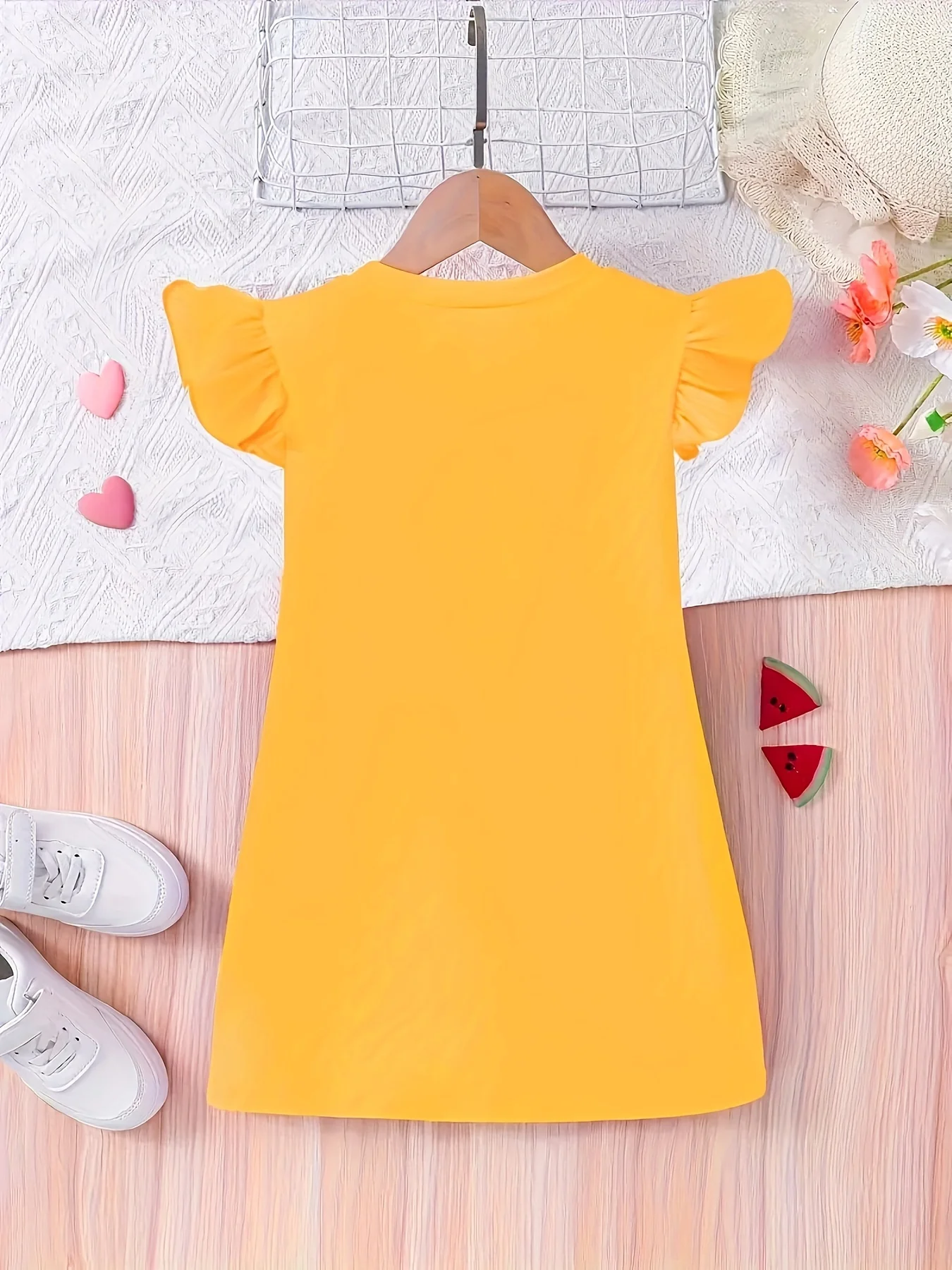 Midi Length Sleeveless Girls Cute Bee & Daisy Graphic Frill Sleeve T-Shirt Dress - Soft Slight Stretch Polyester Fabric, Crew Neck, Regular Fit, Casual Style - Perfect for Holiday, Going Out, Summer Gift - Deanwangkt