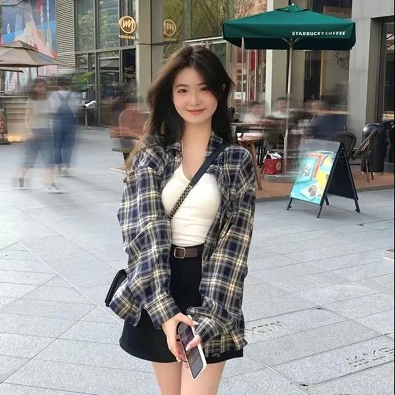 DEANWANGKT  Plaid Shirt Women's Spring and Summer Power Wear Wear Idle Style Design Sense Loose Shirt Long Sleeve Tup Cardigan Coat - Deanwangkt