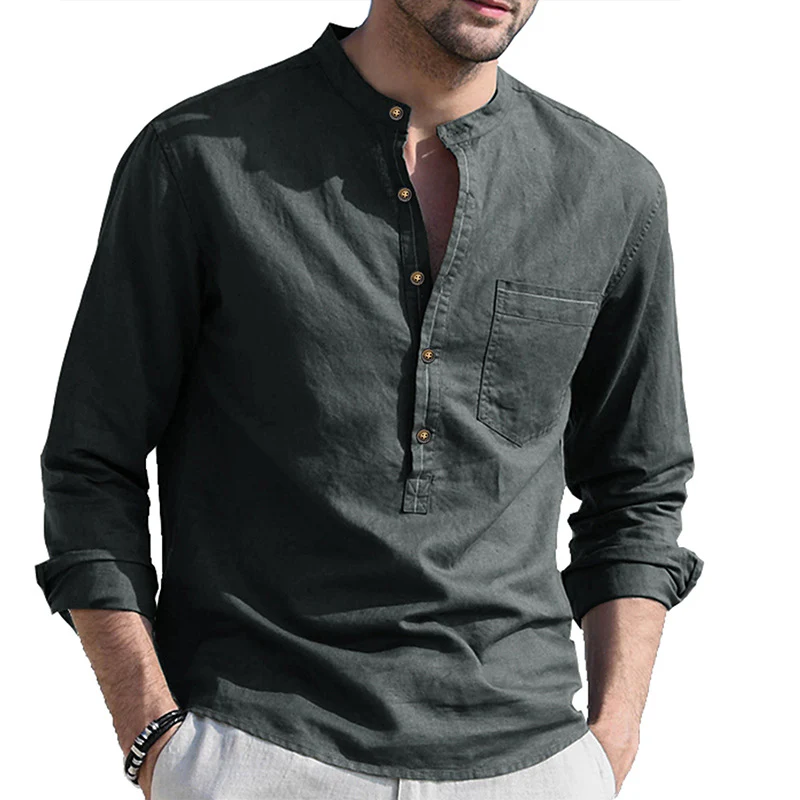 DEANWANGKT 2025 Cross-border men's shirts, autumn and winter  men's stand-up neck cotton and linen shirts, Popular trade long-sleeved Henry neck linen shirts - Deanwangkt