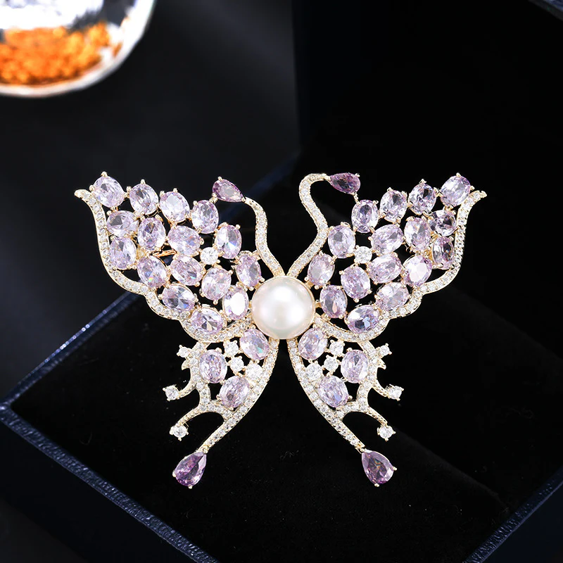 2025 Exquisite high-end purple butterfly zircon brooch natural freshwater pearl temperament elegant clothing jacket fashion accessories - Deanwangkt