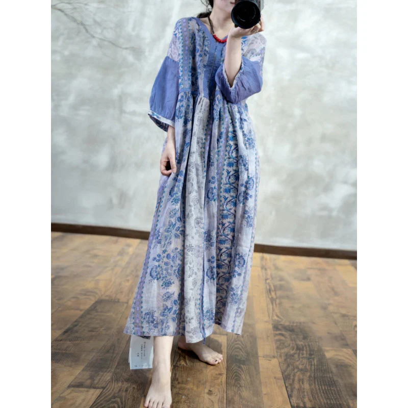 summer new literary and retro blue and white porcelain temperament v-neck temperament fresh printing fat MM dress - Deanwangkt
