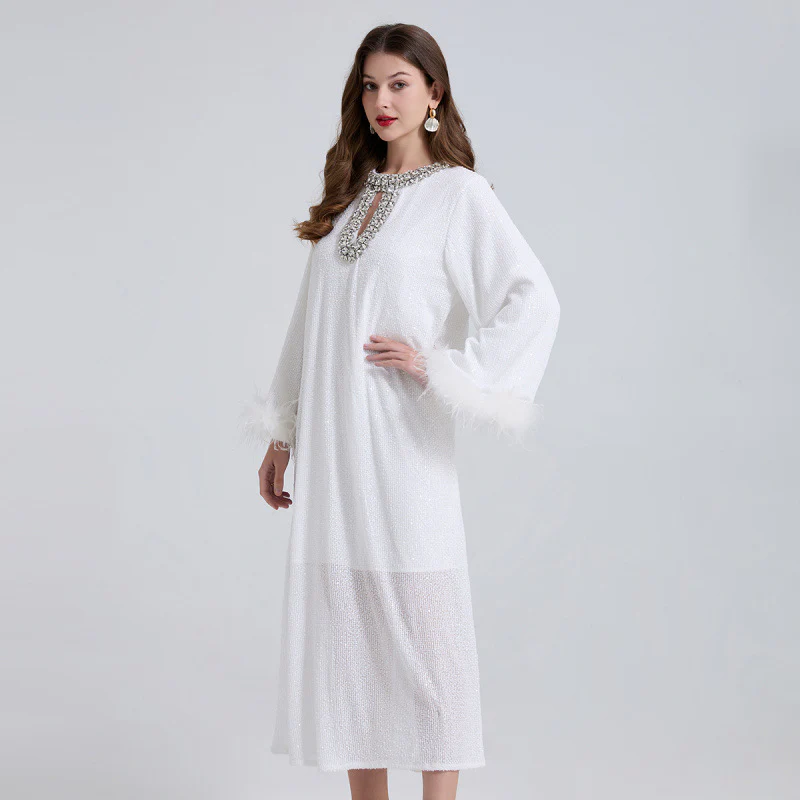 style straight long skirt heavy industry bead-encrusted ostrich hair sleeve pleated skirt loose and thin light luxury age dress - Deanwangkt